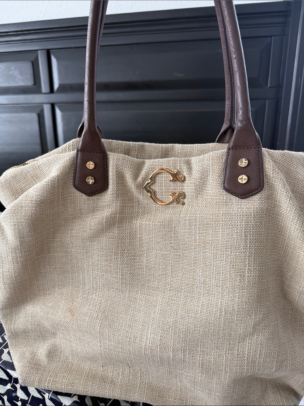 Women’s Beige Canvas Tote with Brown Leather Handles